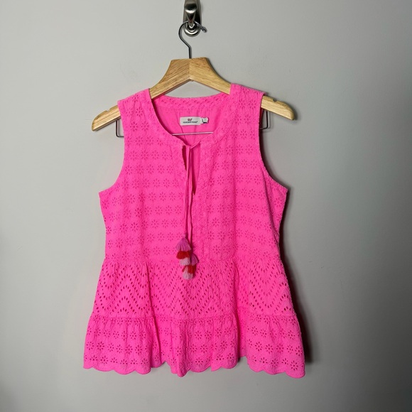 Vineyard Vines Tops - Vineyard Vines Pink Cotton Eyelet Tiered Sleeveless Top Tassels Size Small 1119